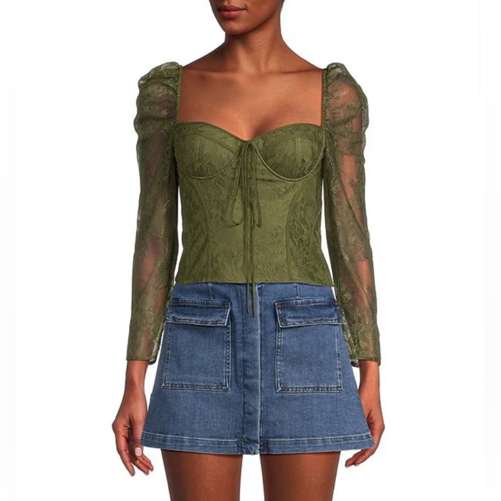 Chelsea & Violet Lace Sweetheart Neck Tie Front Long Sleeve Fitted Blouse